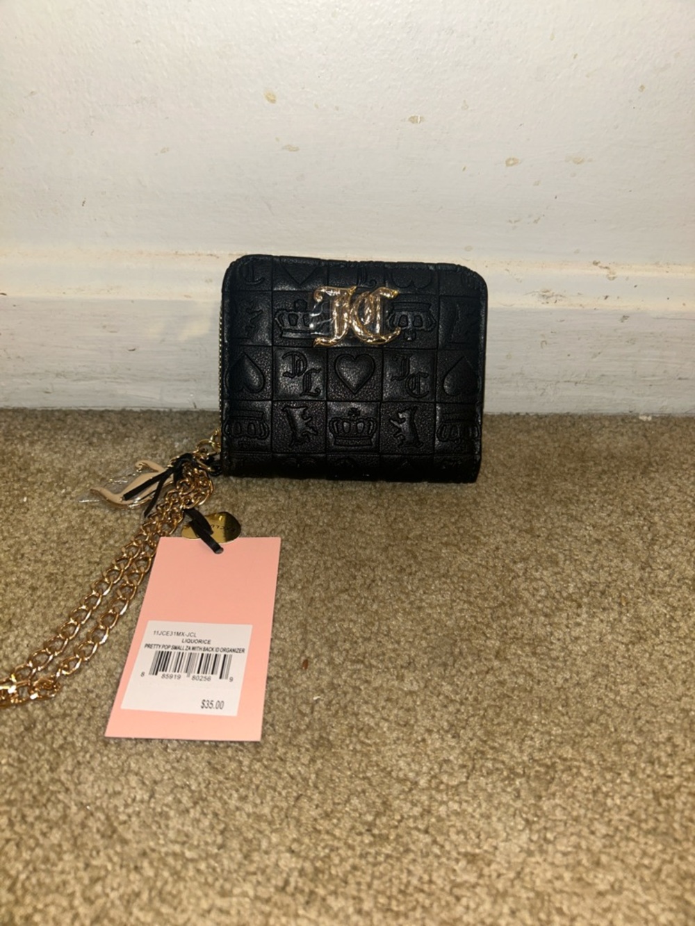 Juicy Couture Black Embossed Leather Zip Wallet with Gold Hardware
